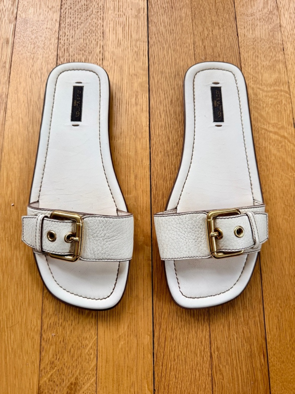 Louis Vuitton White Slide Sandals with Gold Buckle - Picture 2 of 3
